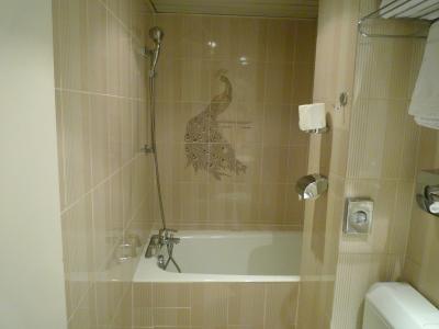 バスルームは清潔。シャワーカーテンなし。お湯の温度も問題なし