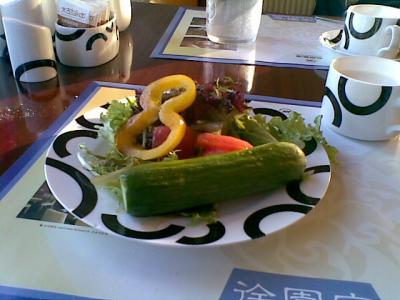 朝食バイキングのサラダバー。ｷｭｳﾘがでかすぎ。