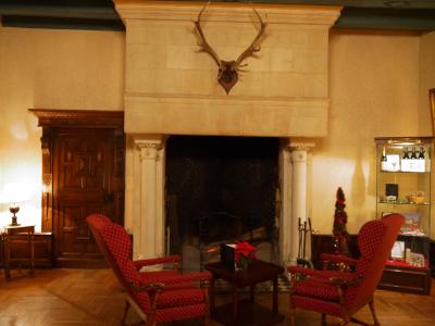 ロビーラウンジ火の入った暖炉が