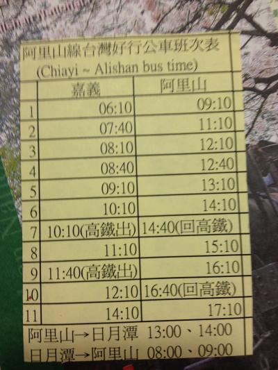 阿里山から嘉義までのバス時刻表　2012/12現在