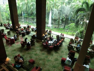 緑に囲まれて明るいロビーで生演奏も