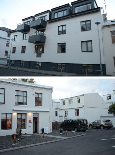 上段は宿泊棟外観。下段左手が敷地内にある受付棟。駐車場無料。