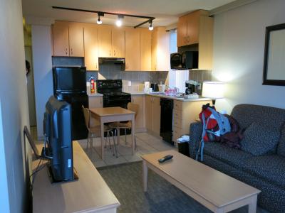 リビング・キッチン、まな板、包丁、皿、鍋等一通り揃っています