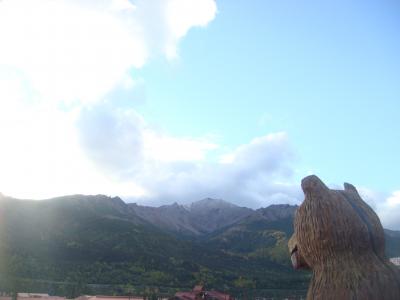 クマの木彫とデナリ国立公園方向にある山々