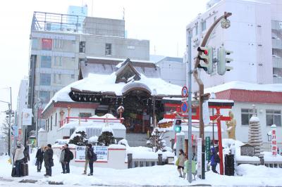 雪と屋根の黒、鳥居の赤がきれい