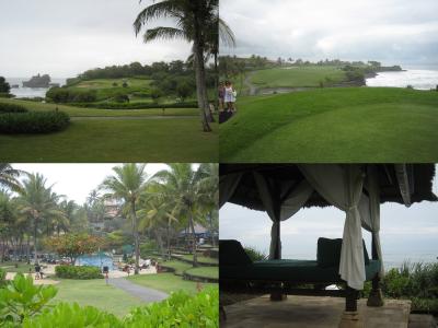 海に面してゴルフコースが併設、タナロット寺院も近いです。