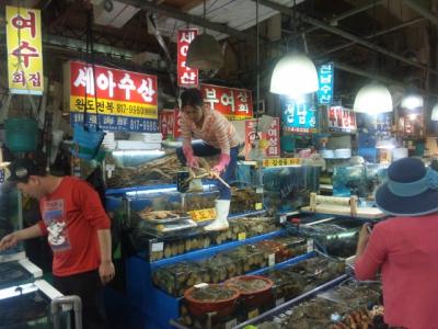 新鮮魚介類をワイワイ食べるならここ。駅近の魚市場はグルメな水族館