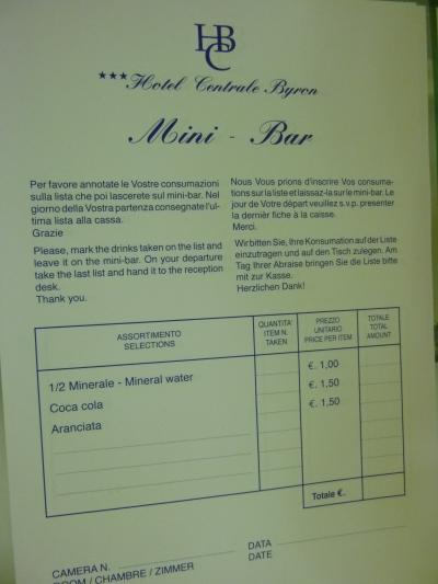 ミニバーの価格表