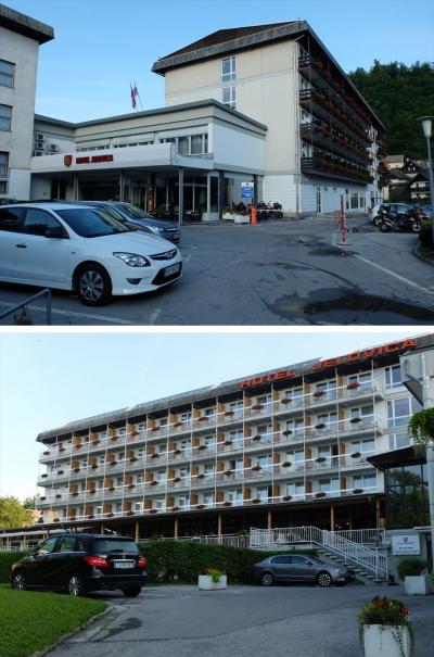 玄関がある側と、ブレッド湖に面した側のホテル外観