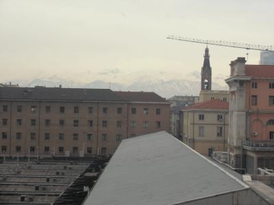 アルプスが見えます。屋根が沢山ある場所は駅です。