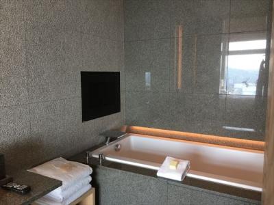 豪華な浴槽、部屋越しに景色も見える