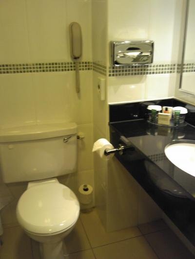 左側にバスタブ上方にシャワー、きつきつで1枚に全部入らない。