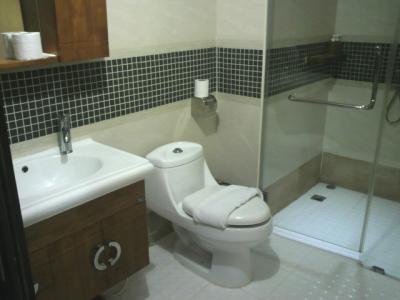 バスルームの洗面台、トイレ、シャワー区画の様子です。