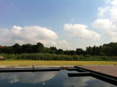 広いしばふ夜になると机が出て来て食事が出来ます