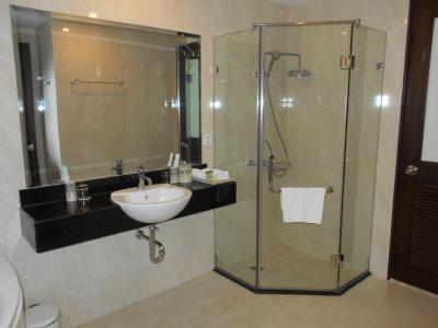 左手にジャグジー付きの浴槽があります