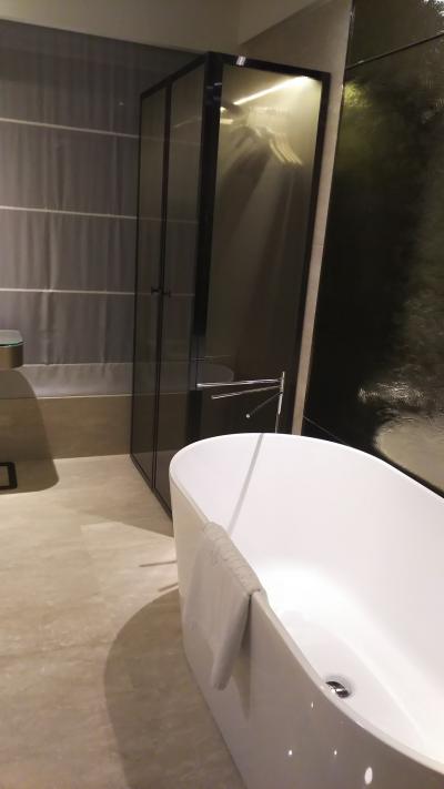 広めのバスタブと向いにはシャワールームあり