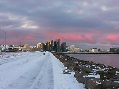 ホテル前の海岸線よりダウンタウンを。散歩やジョギング多し