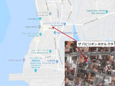 クタの目抜きどうりの１本南側にあるホテルです。判りづらいかも