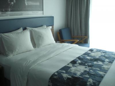 客室内のベッドです。水をイメージした水色のベットｶﾊﾞｰです