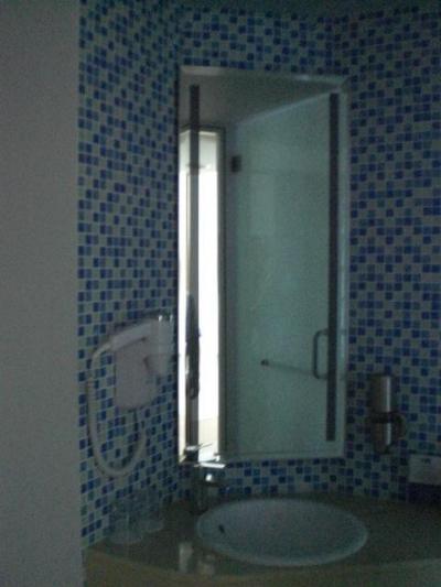 洗面台の様子です。水色で統一されていて、すがすがしい感じです