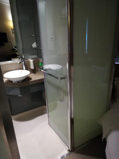 右側にバスルーム、左側にトイレ、スイッチでガラスが透明にもで