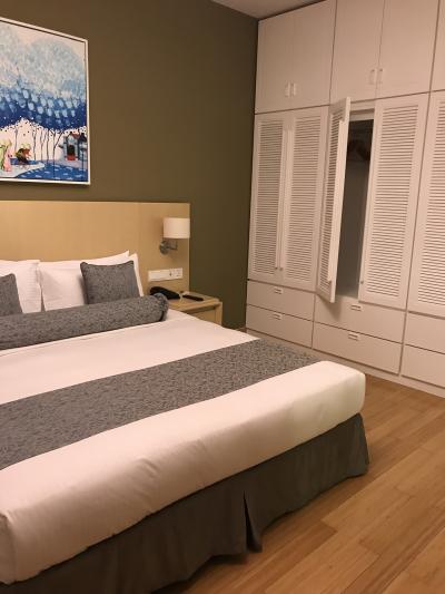 キングサイズベッドのメインルーム。テレビとバスルームあり