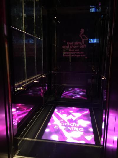 エレベーターも光の装飾がケバい