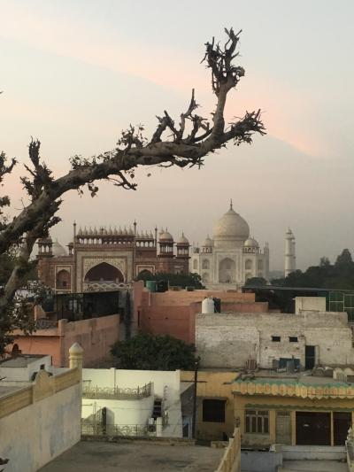 夕暮れ時にホテル屋上から見たタージマハル
