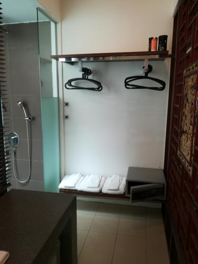 洗面所にセイフティーボックス。シャワールームは外気を取り入れ