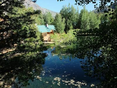 ベランダから見下ろしたホテル敷地内の湖や林。背後には…、