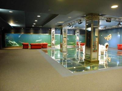 地下階にある特別仕様の会食スペース。チョウザメの乱舞が見学可