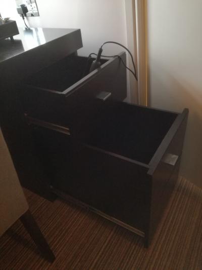 床が傾いているので引き出しが勝手に開いてしまう。