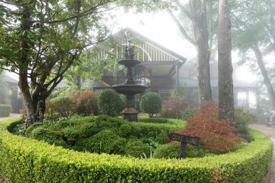 霧につつまれたホテル内の庭園