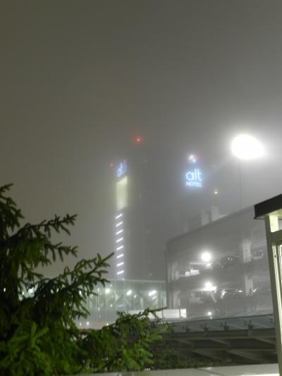 空港側から見た夜の外観（霧がかかっていました）