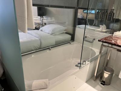 ブラインドの操作によりベッドから見えたり(写真)