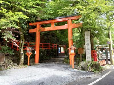 赤い灯篭が並ぶ参道がきれいな貴船神社