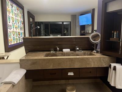 客室内に洗面台とバスタブ