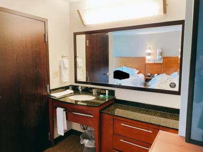 広い洗面台、歯ブラシは無い、この横にクローゼット、衣紋掛け６