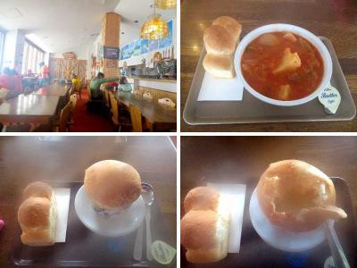 スキー後の熱々スープ＆焼き立てパンが最高。
