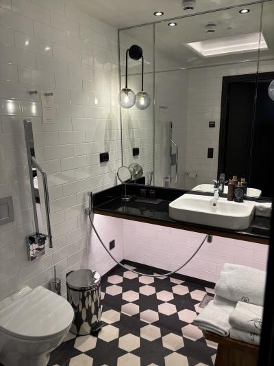 トイレの横に手すりが倒れる、ハンドクリームあり右手にシャワー