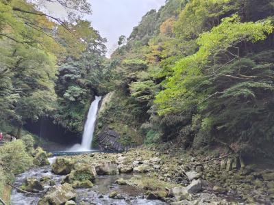 紅葉が始まり美しい山と滝