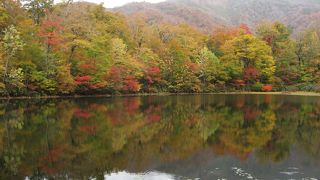 紅葉が水面に映し出される神秘的な池