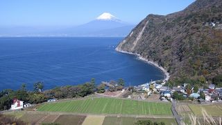 煌きの丘は、崖と湾の向こうに見える富士山