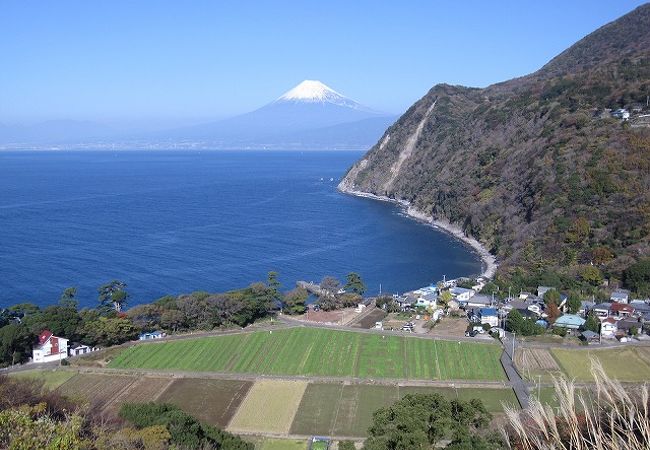 煌きの丘は、崖と湾の向こうに見える富士山