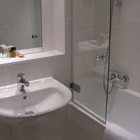 シャワーカーテンではなくガラスなのが嬉しい。バスタブ深め。