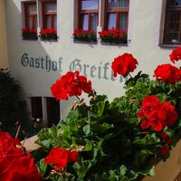 ガストホフ内部の渡り廊下のゼラニュウムの花