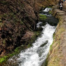 道沿いには勢いよく水が流れています。