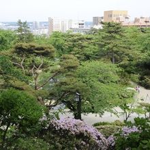 千秋公園は緑が多い。木々の合間から見える秋田市街地。