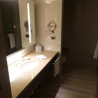 拡大鏡もある洗面所。アメニティは日本並み。