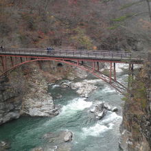 遊歩道沿いに、鬼怒川に架かる吊り橋があります